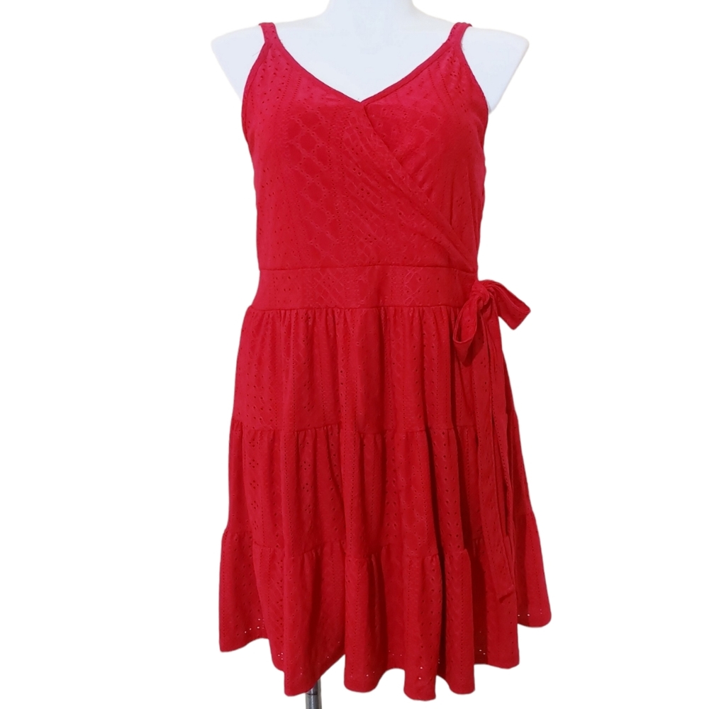 Vibes Sportswear Plus Size 1X Red Romantic Flirty Perforated Tiered Short Dress
